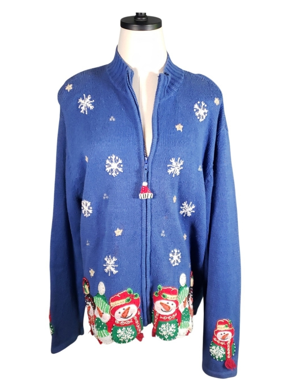Tiara Royal Blue Snowmen Beads Pearls Sequins Applique  Holiday Zip-Up Sweater L